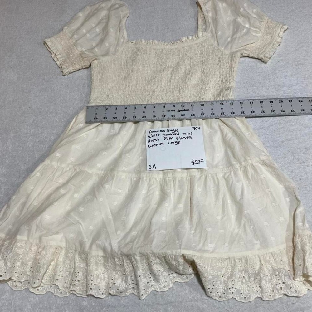 American Eagle white smocked mini dress, puff sleeves Size L. SKU707 #fairycore